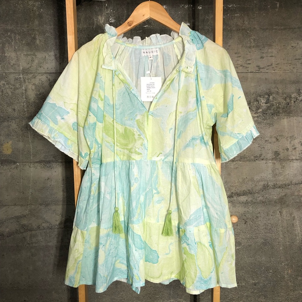 NWT Naudic Flowy Matilda Tunic Blouse in Mint Marble Pattern, Women’s Size M
